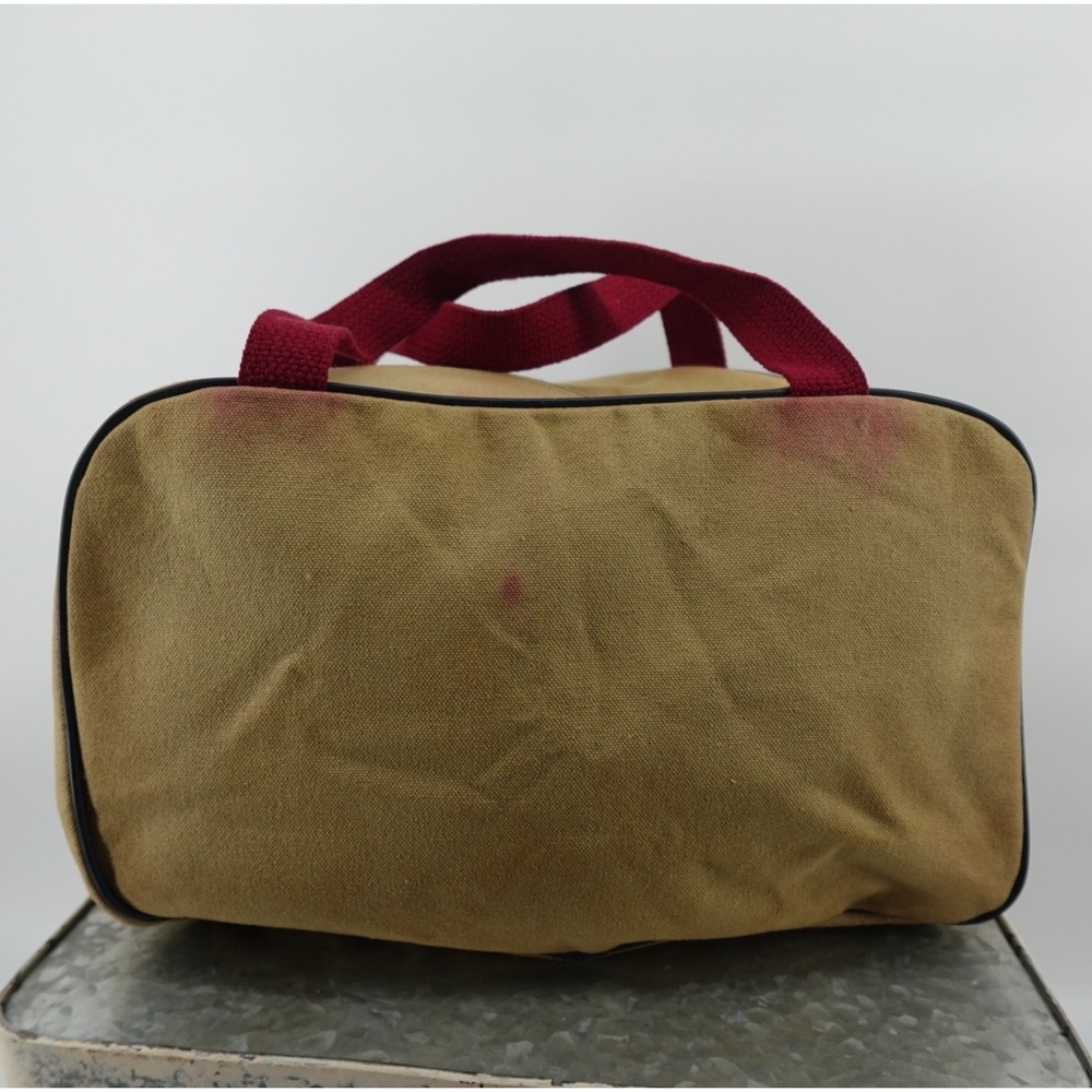 Vintage Tapestry Golf Scene Small Duffel Bag Tan Canvas Burgundy Handles - Picture 4 of 10